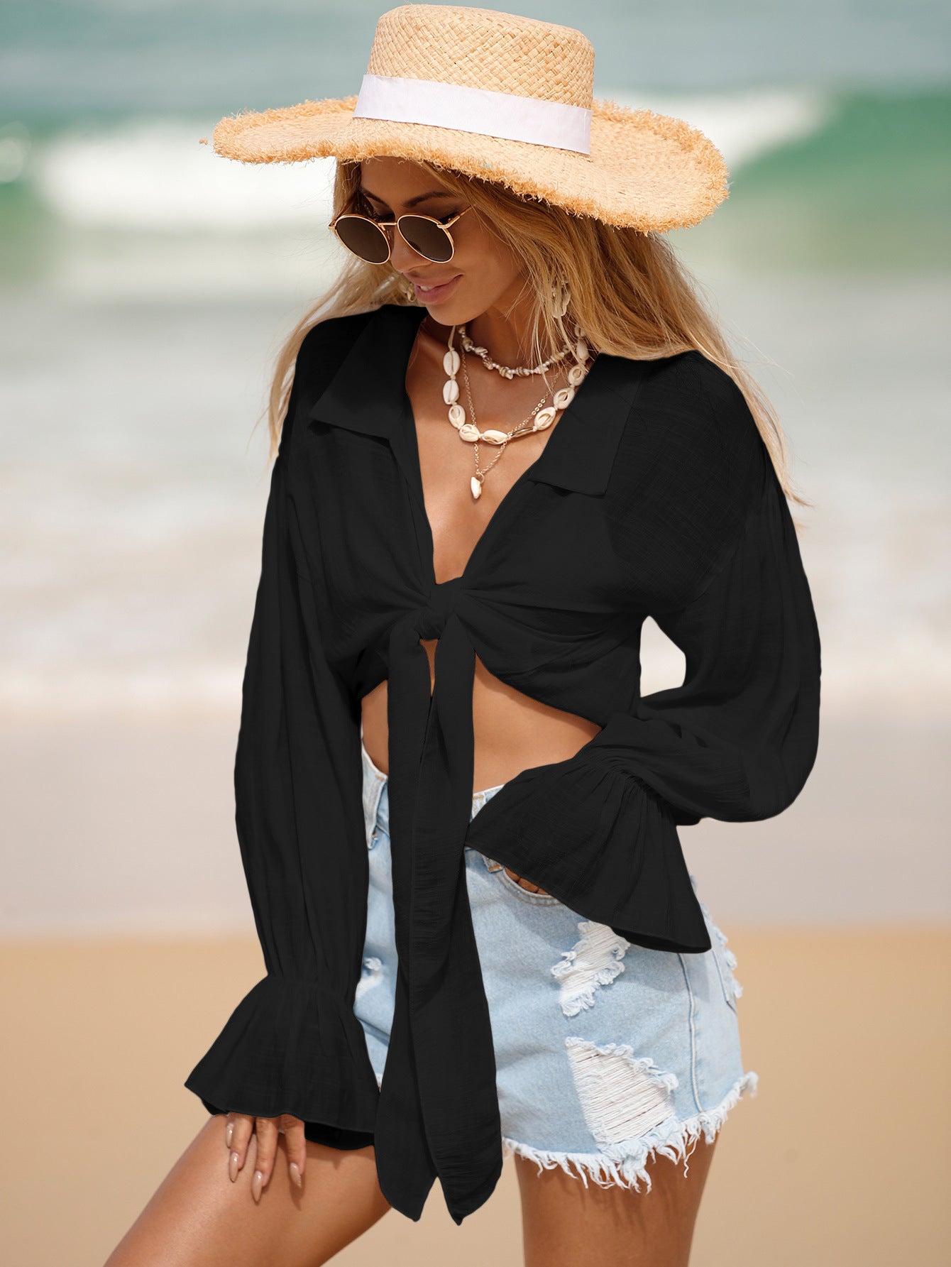 Beach Cover Up Sun Protection Front Lace Up Slub Cotton Shirt Long Sleeve Beach Sun Protection Shirt Women Bella Mia